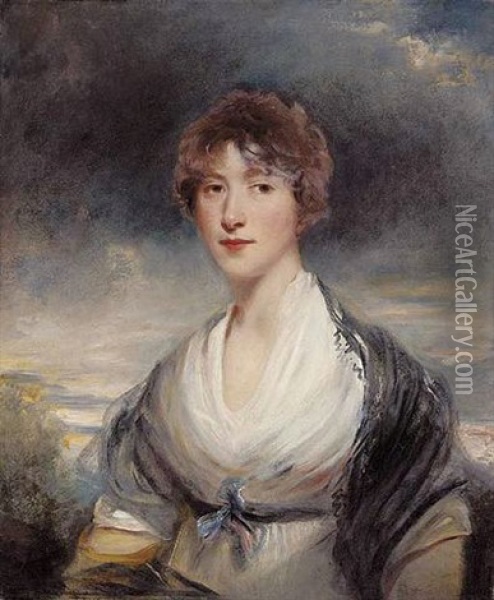 Portrait Of Lady Barbara Ashley-cooper In A White Dress And Black Shawl, In A Landscape Oil Painting - Sir John Hoppner