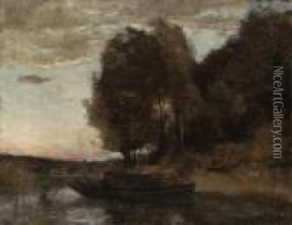 Pcheur En Barque Longeant Une Crte Boise (fisherman Boating Along Awooded Landscape) Oil Painting - Jean-Baptiste-Camille Corot