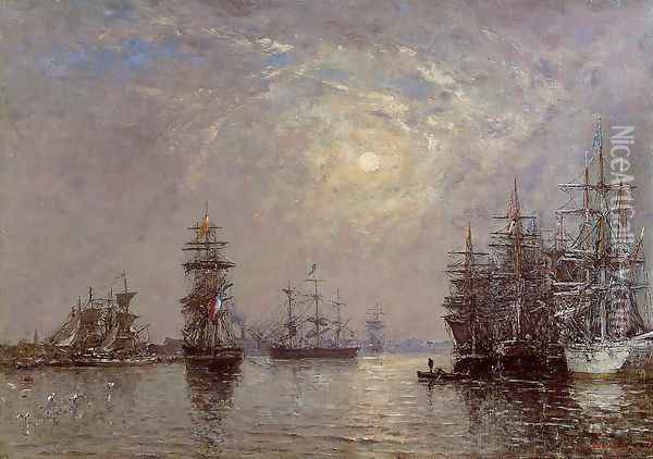 Le Havre: European Basin, Sailing Ships at Anchor, Sunset Oil Painting - Eugene Boudin
