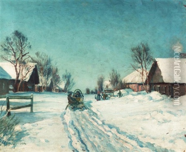 Village In Winter Oil Painting - Michael Abramovitch Balunin