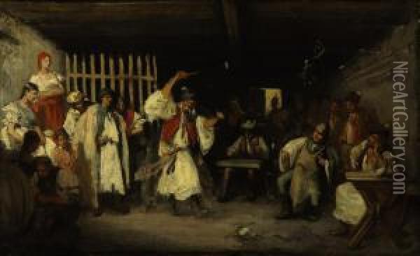 Performance In A Tavern Oil Painting - Mihaly Munkacsy