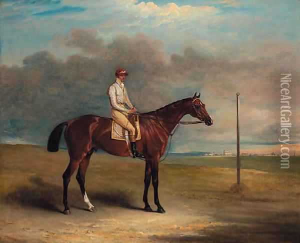 Lord Lowther's Spaniel, winner of the 1831 Derby, with jockey up, on a racecourse Oil Painting - John Snr Ferneley