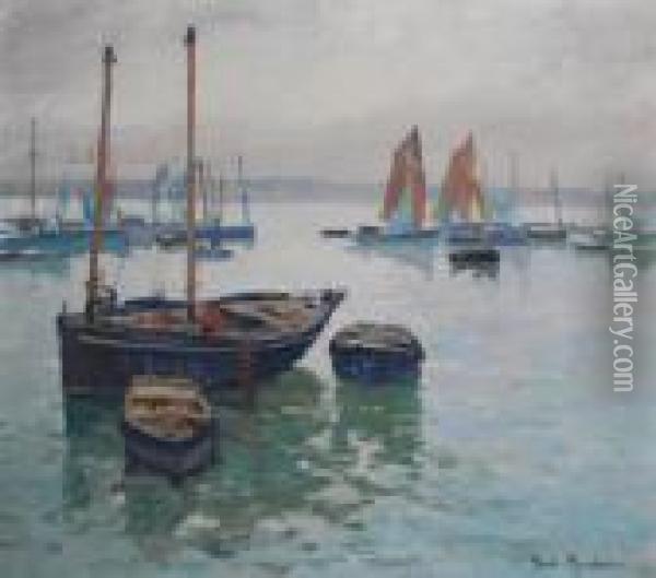 Moored Vessels In A Fishing Harbour Oil Painting - Paul Morchain
