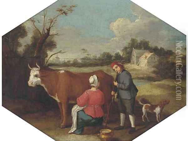 A milkmaid milking a cow with a farmhand in a landscape Oil Painting - Adriaen Van De Velde