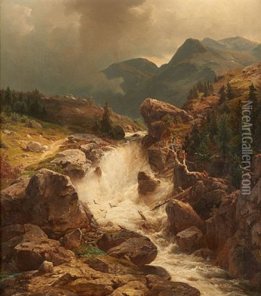 Cascade Sur Fond De Paysage Montagneux Oil Painting - Wilhelm Brandenburg