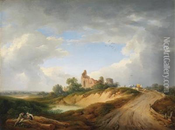 Wide Landscape With A Herd Of Cattle By A Ruin Oil Painting - Martin von Molitor