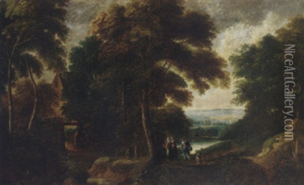 A Wooded River Landscape With Elegant Company On A Path, With A Cottage Beyond Oil Painting - Jacques d' Arthois
