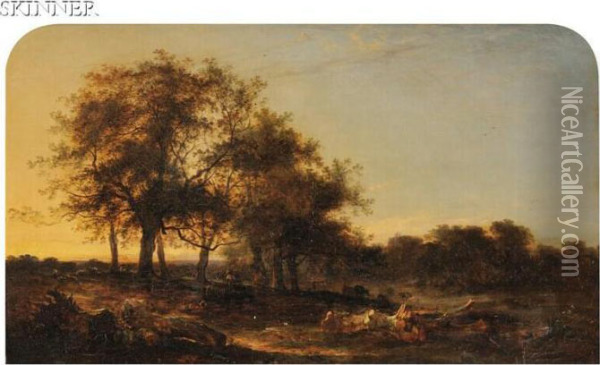 Evening, View Near Some Oaks. Kent. Oil Painting - George Augustus Williams