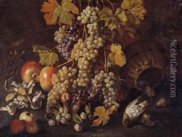 Still Life Of Grapes, Pomegranates, Mushrooms, A Basket And Game In A Landscape Oil Painting - Giovanni Battista Ruoppolo