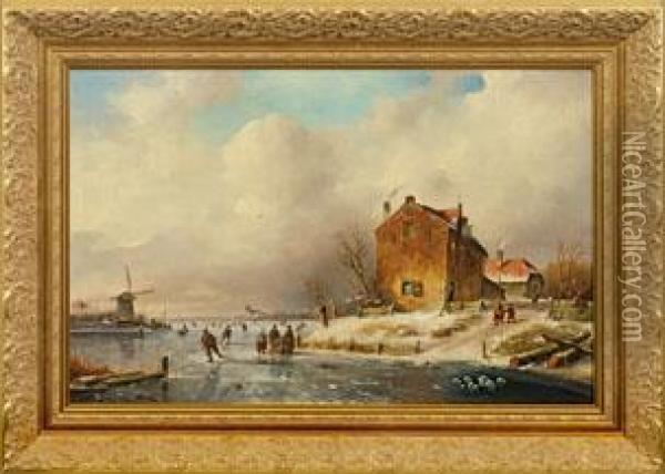 Winterlandschaft Mit Schlittschuhlaufern Auf Einem Fluss Oil Painting - Anthony Andreas De Meijier