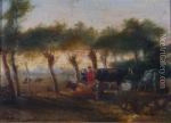 Figures And Cattle In A Sunlit Tree Lined Field Oil Painting - Aelbert Cuyp