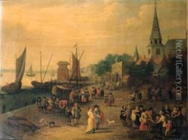 A Fishmonger On A Quay Outside A City Gate Oil Painting - Pieter Gysels
