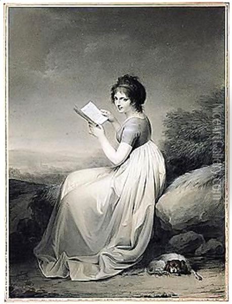 An Elegant Woman Seated In A Landscape, Glancing Up From A Book, Her Dog Curled At Her Feet Oil Painting - Louis Leopold Boilly