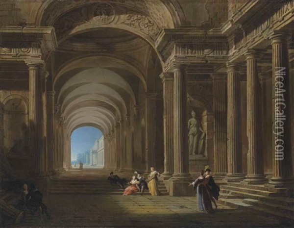 Elegant Figures In A Classical Arcade Oil Painting - Philippe Meusnier