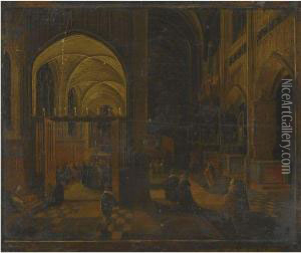 Interior Of A Gothic Cathedral At Night With A Mass Beingcelebrated In A Side Chapel Oil Painting - Hendrik Van Steenwijk