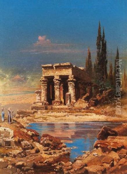 Blick Auf Agyptische Tempelanlagen. Im Hintergrund Die Pyramiden Von Gizeh Oil Painting - Robert Alott
