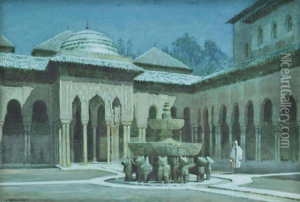 The Court Of The Lions, The Alhambra, Granada Oil Painting - Albert Moulton Foweraker