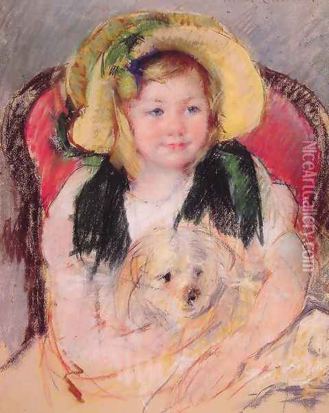 Sara With Her Dog In An Armchair Wearing A Bonnet With A Plum Ornament Oil Painting - Mary Cassatt