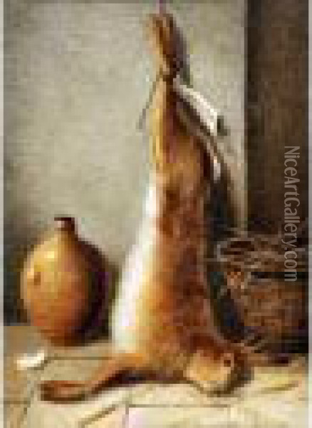 Still Life -a Dead Hare Hanging Near A Basket And Cider Jar Oil Painting - William Cruickshank