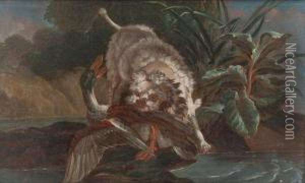 Paar Stillleben Mit Reisendem Hund Und Ente Sowie Falken Und Raben Oil Painting - Jacques Charles Oudry