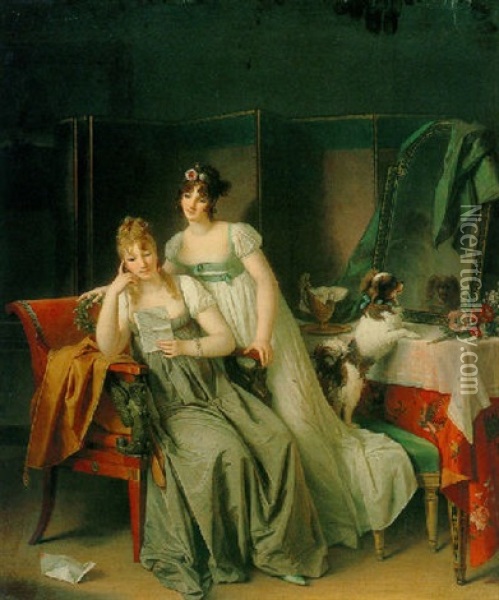 Two Ladies In An Interior Reading A Letter Oil Painting - Marguerite Gerard