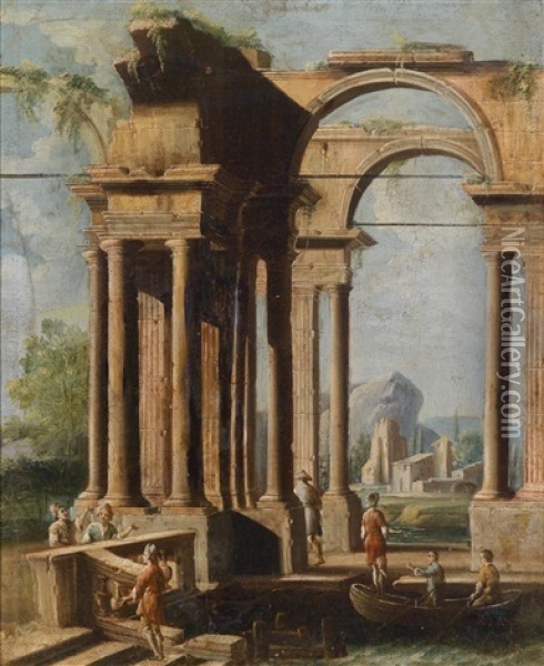 Ruinencapriccio Mit Figurlicher Staffage Oil Painting - Francesco Battaglioli