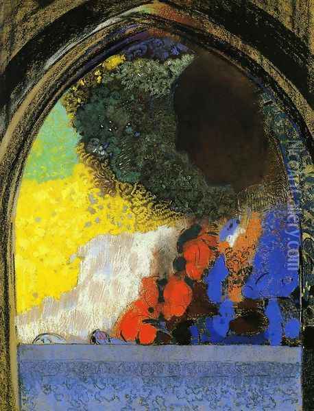 Woman In Profile Under A Gothic Arch Oil Painting - Odilon Redon