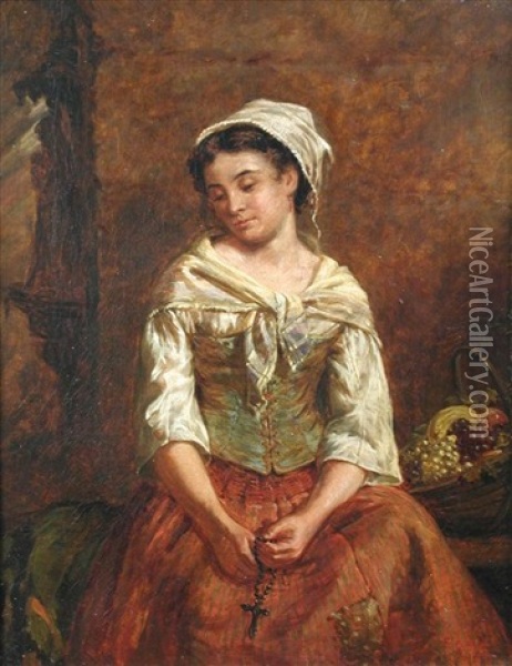 A Young Fruit Seller Holding A Rosary Oil Painting - Edwin Thomas Roberts