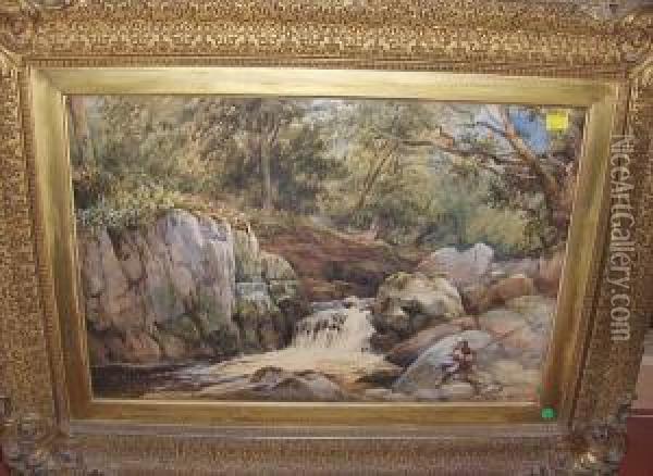Angler By A Rocky Woodland Waterfall Oil Painting - David Hall McKewan