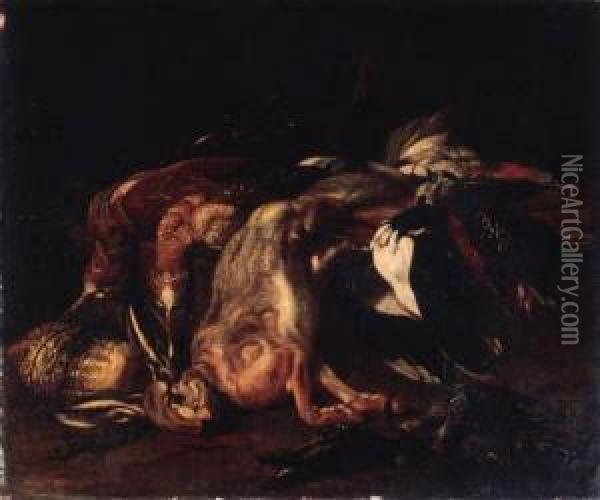 A Dead Hare And Dead Snipe With Other Game On A Rock In Alandscape Oil Painting - Jacob van der (Giacomo da Castello) Kerckhoven