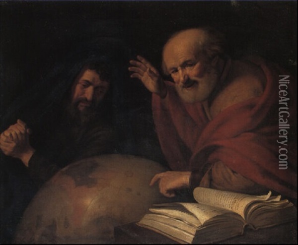 Democrites And Heraclitus, The Latter Pointing At South America On A Globe Oil Painting - Hendrick Bloemaert