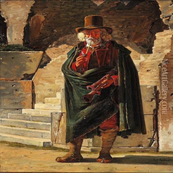 A Pifferaro Smoking A Pipe Oil Painting - Martinus Rorbye