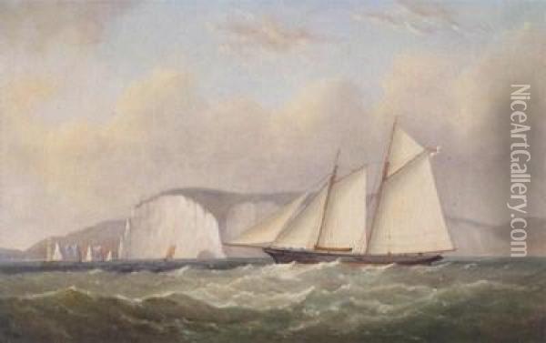 Schooner Yacht Nore R.y.s. Off The Needles 1877 Oil Painting - Arthur Wellington Fowles