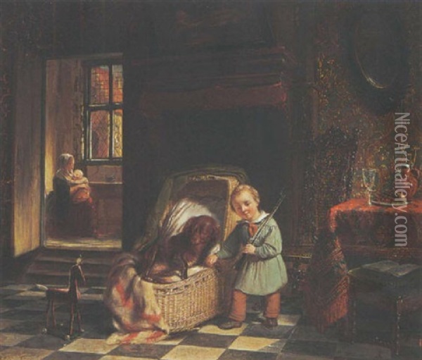 A Child Playing In An Interior Oil Painting - Henricus Engelbertus Reijntjens
