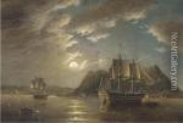 H.m.s. Minden 74, Off Gibraltar, Moonlight Oil Painting - John Wilson Carmichael