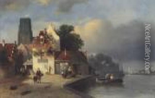 A Dutch Quay-side Oil Painting - Jacobus Adrianus Vrolijk