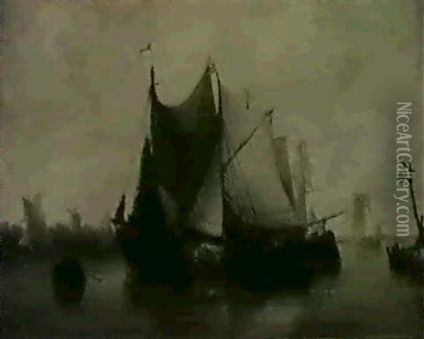 Dutch Boats In A Calm Oil Painting - Mark Thompson