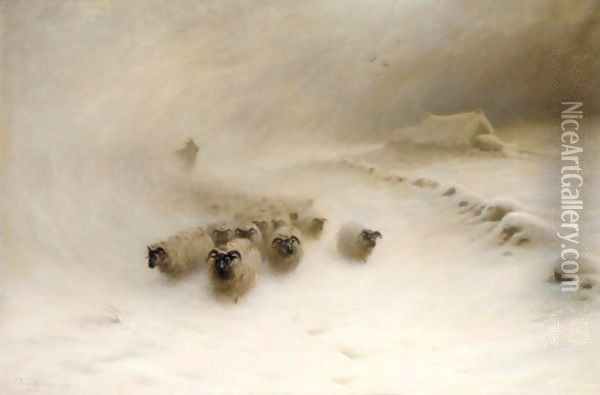 A Flock Of Sheep In A Snowstorm Oil Painting - Joseph Farquharson