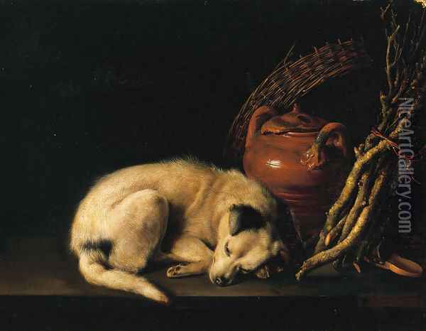 A Sleeping Dog Beside a Terracotta Jug, a Basket, and a Pile of Kindling Wood Oil Painting - Gerrit Dou