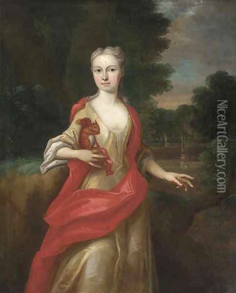 Portrait of a lady, three-quarter-length, in a yellow dress and scarlet wrap, holding a squirrel in her right hand, in an extensive landscape Oil Painting - Sir Godfrey Kneller