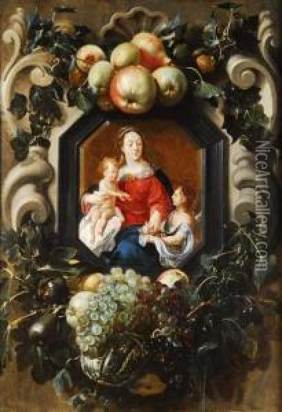 Guirnalda De Frutas Con Escena De La Virgen Con El Nino En Un Marco Fingido Oil Painting - Adriaen van Utrecht