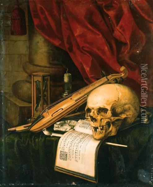 A Vanitas: A Skull, A Violin, A Music Score, A Pipe And Tobacco, Anhourglass And A Guttering Candle On A Draped Table Oil Painting - Simon Renard De Saint-Andre