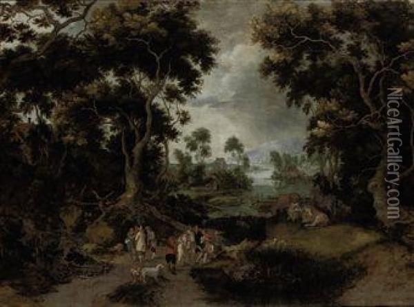 A Wooded River Landscape With Figures Conversing On A Path, Avillage Beyond Oil Painting - Gillis Claesz De Hondecoeter