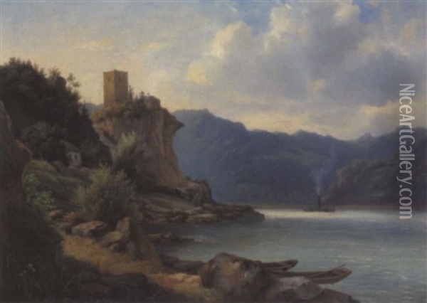 Ein Dampfschiff Auf Der Donau, Links Eine Ruine Oil Painting - Carl Lafite
