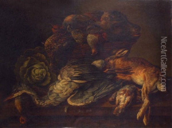 Gibier Et Panier De Legumes Sur Un Entablement Oil Painting - Pieter Van Boucle