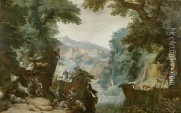 Forest Landscape With Herdsmen And Hunters Oil Painting - Frederik van Valkenborch