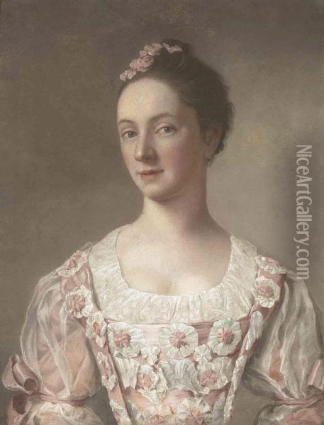 Portrait Of A Young Lady, Bust-length, In A Pink Dress Decorated With Rosettes Oil Painting - Etienne Liotard