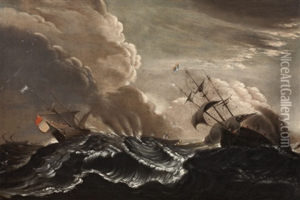 Ships In A Stormy Sea Oil Painting - Claes Claesz Wou
