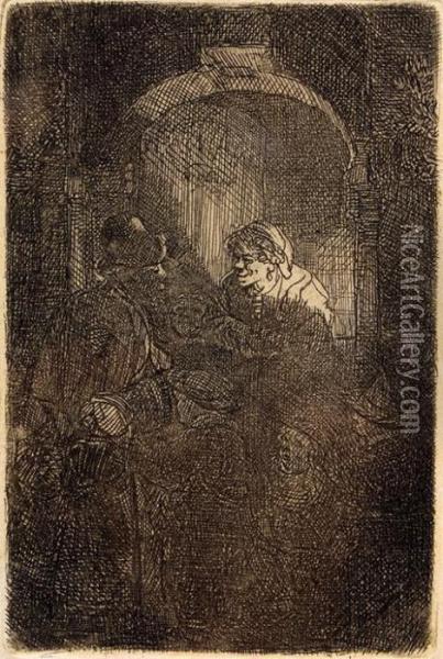 Mujer En La Puerta Hablando Con Hombre Y Ninos,1641 Oil Painting - Rembrandt Van Rijn