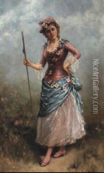 Portrait Of A Lady In The Guise Of A Shepherdess Oil Painting - Emile Eisman-Semenowsky